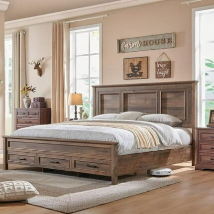 ACCOHOHO Rustic King Size Bed Frame with 52 Tall Full-Panel Headboard Wood Platform Bedframe with Footboard and Storage Drawers No Squeak No Box Spring Needed Light Brown