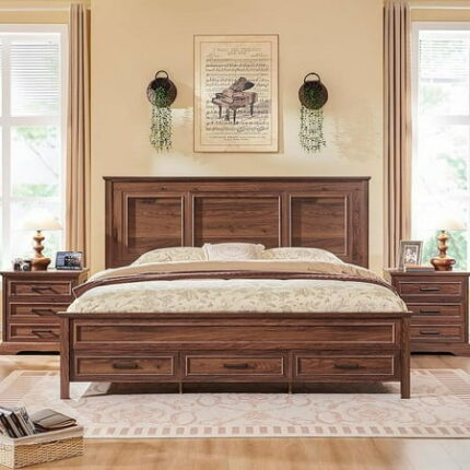 ACCOHOHO Rustic Queen Size Bed Frame with 52 Tall Full-Panel Headboard Wood Platform Bedframe with Footboard and Storage Drawers No Squeak No Box Spring Needed Brown