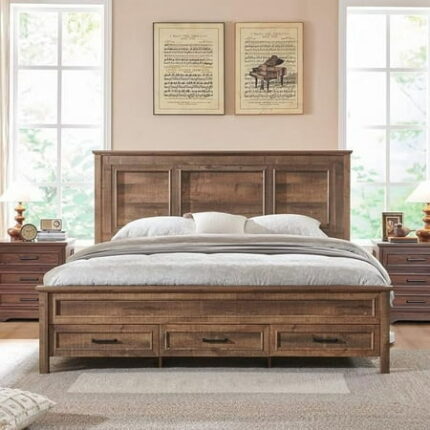 ACCOHOHO Rustic Queen Size Bed Frame with 52 Tall Full-Panel Headboard Wood Platform Bedframe with Footboard and Storage Drawers No Squeak No Box Spring Needed Light Brown