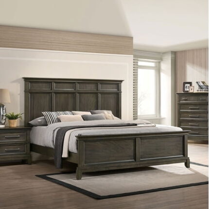Bed Frame Bedroom Furniture Traditional 1pc Queen Size Bed Panel Style Headboard Gray Color Solidwood Bedframe Crown Molding Details