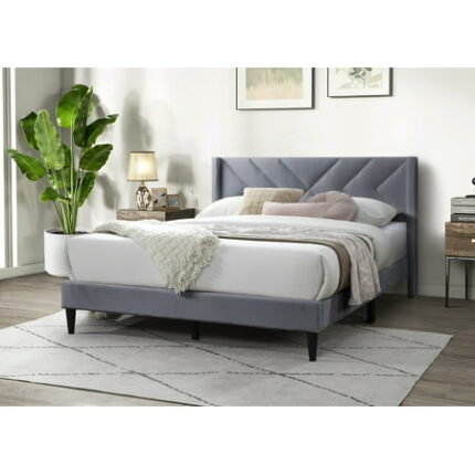 Bed Frame Elegant Modern Full Size Bed Clean Lines Design Headboard 1pc Gray Velvet Upholstered Bedframe