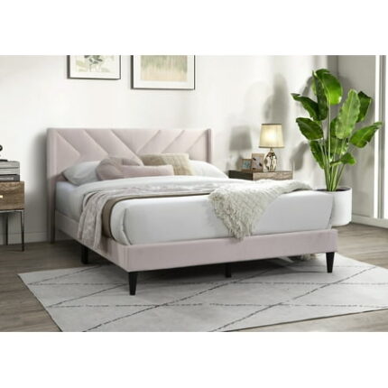 Bed Frame Elegant Modern Full Size Bed Clean Lines Design Headboard 1pc Light Pink Velvet Upholstered Bedframe