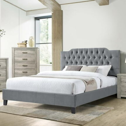 Bed Frame Gorgeous Gray Velvet Full Size Bed 1pc Bedframe Modern Tufted Upholstered Headboard Bedroom Furniture