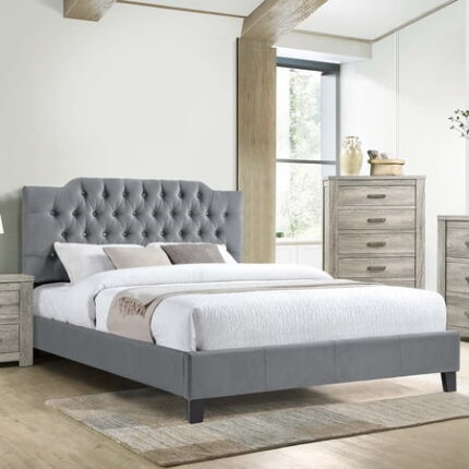 Bed Frame Gorgeous Gray Velvet Queen Size Bed 1pc Bedframe Modern Tufted Upholstered Headboard Bedroom Furniture