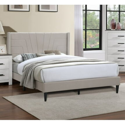 Bed Frame Light Brown Color 1pc Eastern King Size Bed Burlap Fabric Headboard Upholstered Bedroom Furniture Platform Bedframe