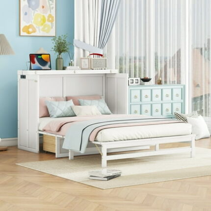 Bed Frame Murphy Bed Cabinet Full with Storage Drawer and Charging Station USB Port Solid Pine Murphy Bedframe for Home Office Studio or Guest Room White