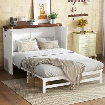 Bed Frame Murphy Bed Cabinet Full with Storage Drawer and Charging Station USB Port Solid Pine Murphy Bedframe for Home Office Studio or Guest Room White-walnut