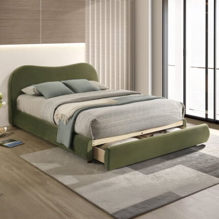 Bed Frame Olive Green Velvet Upholstered 1pc Eastern King Size Bed Curved Design Headboard Storage FB Bedroom Furniture Bedframe