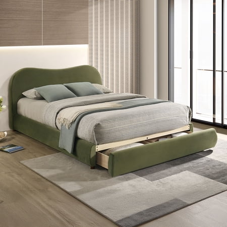 Bed Frame Olive Green Velvet Upholstered 1pc Eastern King Size Bed Curved Design Headboard Storage FB Bedroom Furniture Bedframe Bed Frame Olive Green Velvet Upholstered 1pc Eastern King Size Bed Curved Design Headboard Storage FB Bedroom Furniture Bedframe