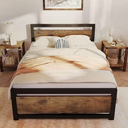 Bed Frame Platform Industrial Bedframe with Wooden Headboard and Footboard No Box Spring Needed 14 inch Easy Assemble Noise Free Mattress Frame