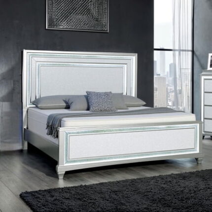 Bed Frame Silver / Gray 1pc Queen Size Bed Faux Crystal w LED Headboard Panel Bedframe Bedroom Furniture Glamorous Contemporary Style