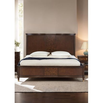 Bed Frame Transitional Style 1pc Eastern King Size Bed Dark Cherry Finish Panel Bedframe Gold-Capped Legs Bedroom Furniture Poplar Burl Veneer