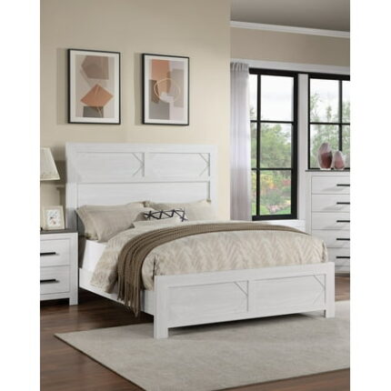 Bed Frame White Color 1pc Queen Size Bed High Headboard MDF Particle Board Bedroom Furniture Bedframe Unique Panel Design