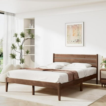 Full Bed Frame Mid Century Platform Bed Frame with Ladder Headboard Malaysian Oak Bedframe with Solid Wood Foundation Noise-Free Easy Installation Full Size Antique Espresso