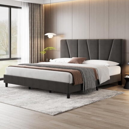 Full Modern Upholstered Bed Frame Linen Platform Bedframe with Headboard Heavy Duty Metal Structure and Stable Wood Slats Support No Box Spring Needed Easy to Assemble Noise Free Dark Gray