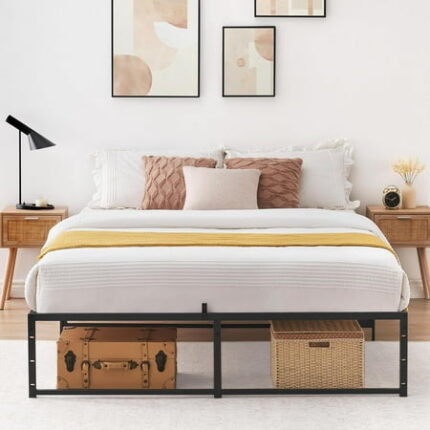 Full Size Bed Frame Platform Ultra Sturdy Metal Full BedFrame with 3 in 1 Steel Support 14 inch No Box Spring Needed Easy to Assemble Black Mattress Frame - Full