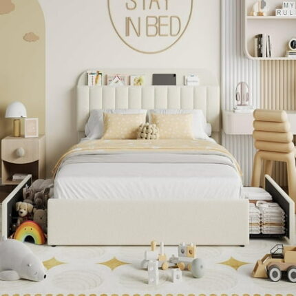 Full Size Bed Frame with 2 Storage Drawers Bedframe with Storage Headboard Upholstered Bed Frame No Box Spring Needed Easy Assembly White