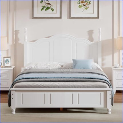 Full Size Retro White Wood Platform Bed Frame - No Box Spring Needed Sturdy Bedframe for Bedroom