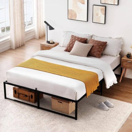 Homhougo - Full Size Bed Frame 14 inch Metal Platform Bed Frame No Box Spring Needed Bedframe with 3 in 1 Steel Slats Support - Black