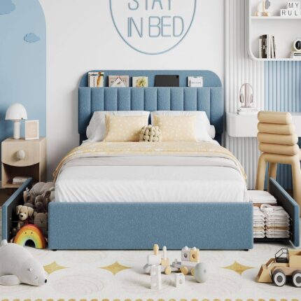 Homhougo - Full Size Bed Frame with 2 Flexible Drawers, Boucle Upholstered Platform Bed Frame with Bookcase Headboard, Bedframe - ‎Blue