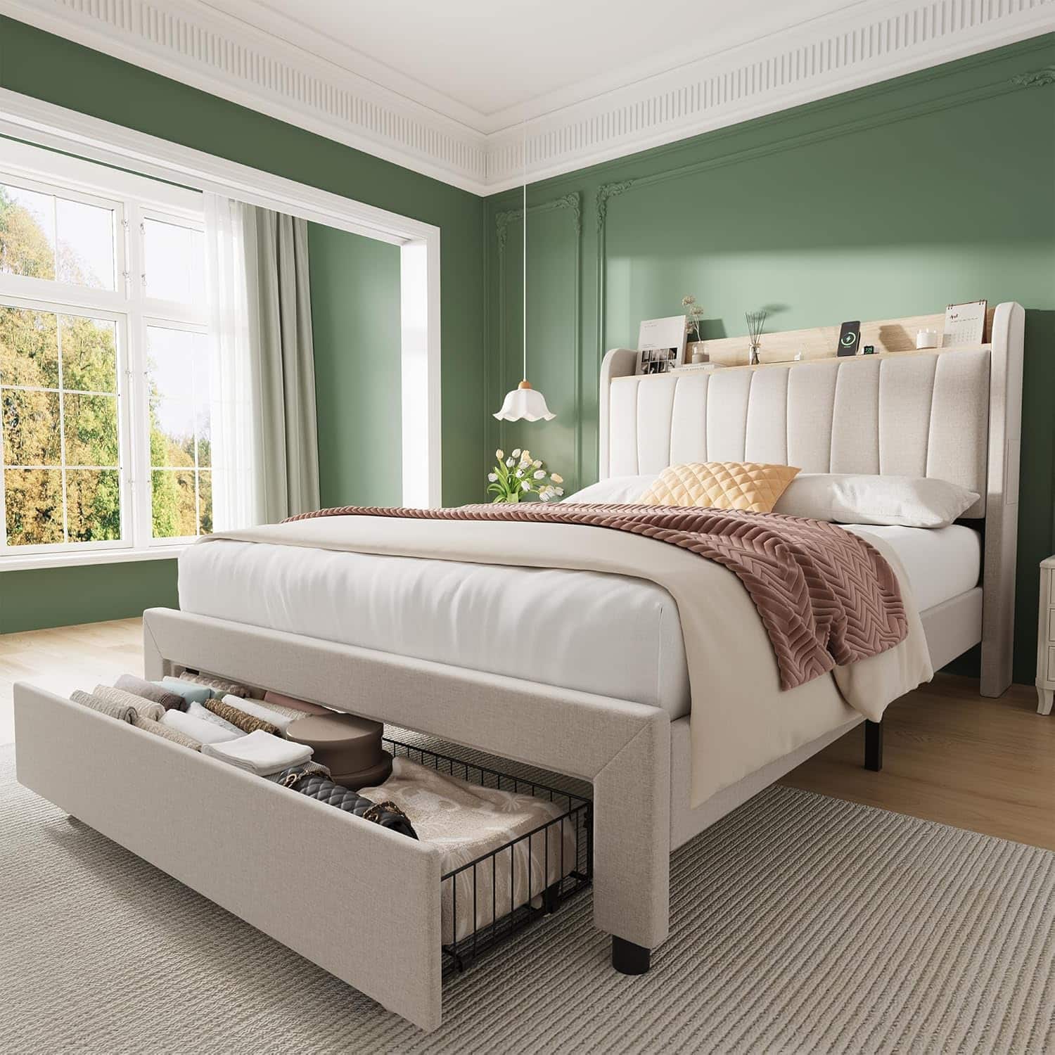 Homhougo - Full Size Bed Frame with Storage Headboard, Wooden Full Bed Frame with Charging Station, Metal Platform BedFrame with - Beige Homhougo - Full Size Bed Frame with Storage Headboard, Wooden Full Bed Frame with Charging Station, Metal Platform BedFrame with - Beige