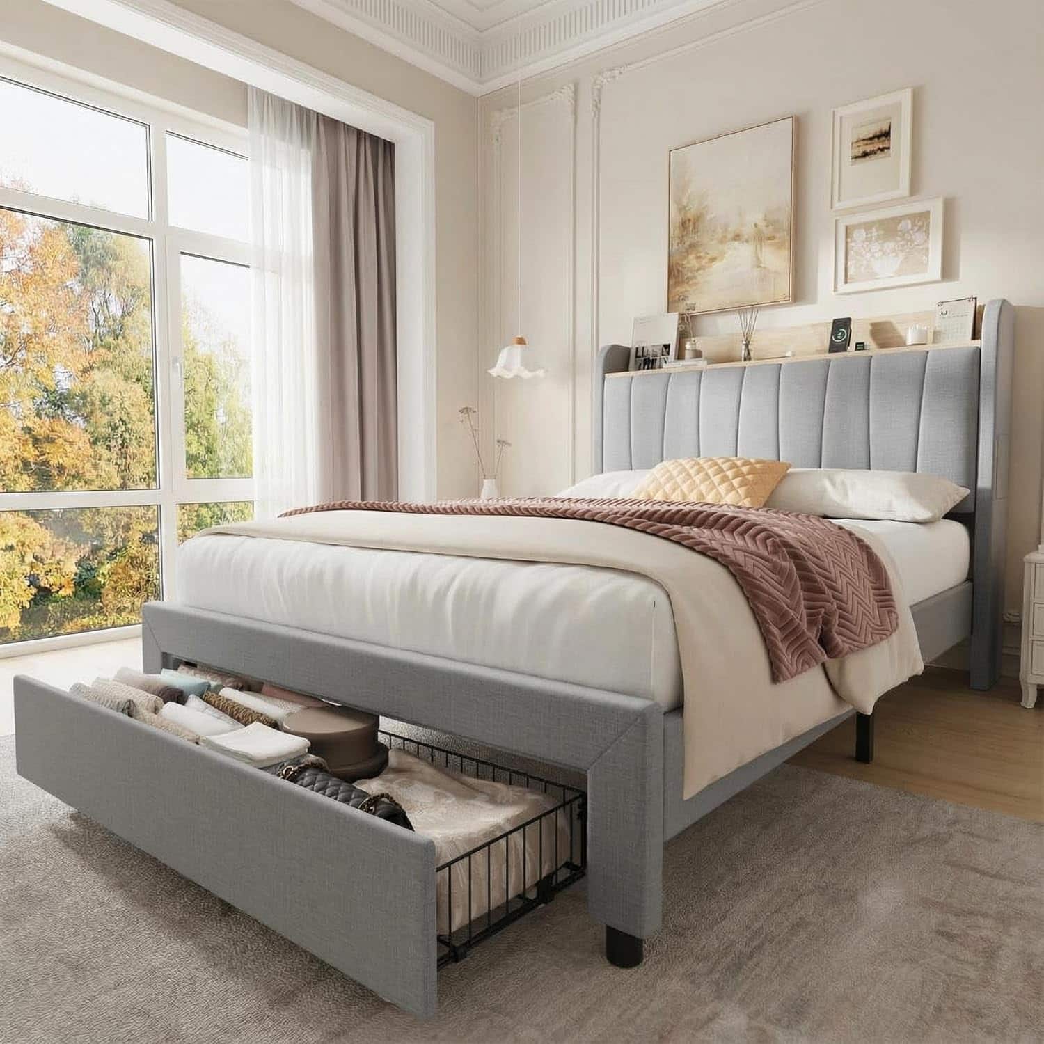 Homhougo - Full Size Bed Frame with Storage Headboard, Wooden Full Bed Frame with Charging Station, Metal Platform BedFrame with - Light Gray Homhougo - Full Size Bed Frame with Storage Headboard, Wooden Full Bed Frame with Charging Station, Metal Platform BedFrame with - Light Gray