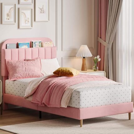 Homhougo - Twin Bed Frame with Storage Headboard, Velvet Upholstered Platform Bedframe for Kids, Girl Bed, Strong Wooden Slats - Light Pink