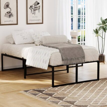 Homhougo - Twin Bed Frames 14 inch Metal Platform Bed Frame No Box Spring Needed Bedframe 3 in 1 Steel Slats Support Mattress - Black - Upgrade
