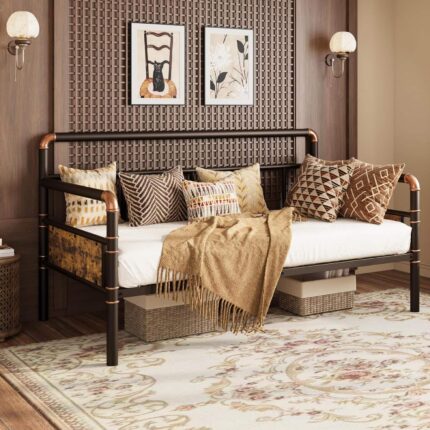 Homhougo - Twin Daybed with Classic Headboard,Metal Twin Bed Frame Heavy Duty Steel Slats Support,Sofa BedFrame for Living Room - ‎Brown