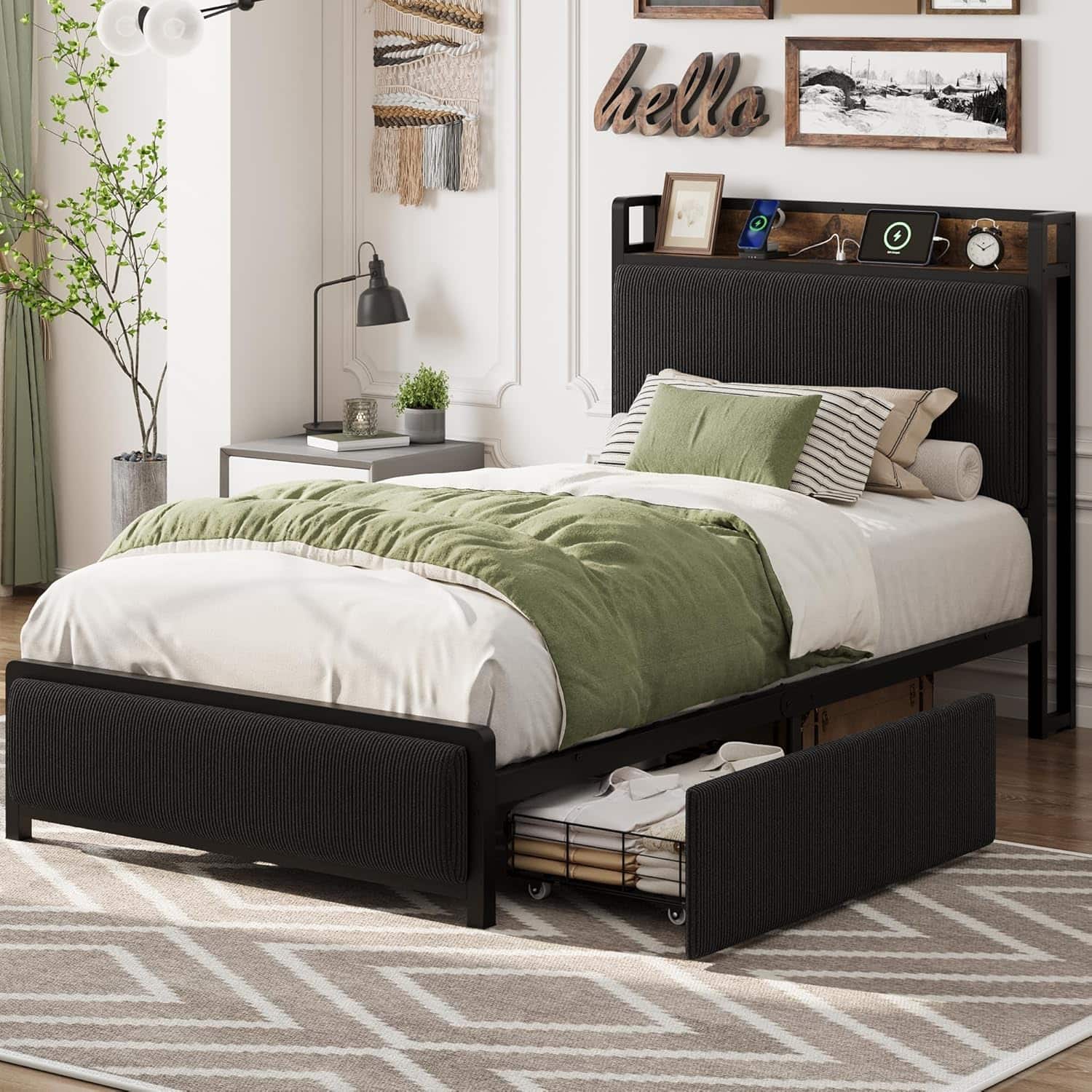 Homhougo - Twin XL Size Bed Frame with Storage Headboard, Corduroy Upholstered Twin Platform Bedframe with Storage Drawers - Black Homhougo - Twin XL Size Bed Frame with Storage Headboard, Corduroy Upholstered Twin Platform Bedframe with Storage Drawers - Black