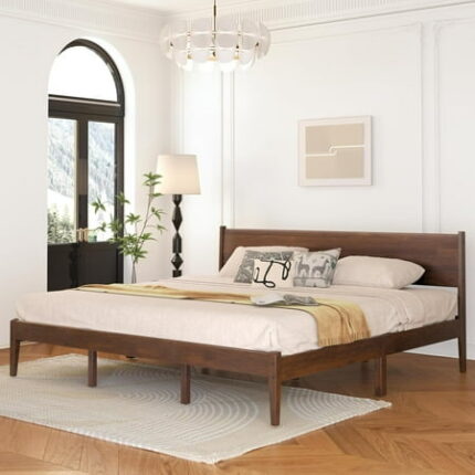King Bed Frame and Headboard Mid Century Platform Bed Frame Malaysian Oak King Bedframe with Adjustable Support Legs No Box Spring Needed Easy Assembly Antique Espresso