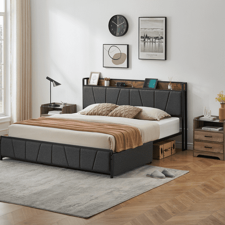 King Bed Frame with Storage Headboard and USB Port Rustic Linen Upholstered Platform Bedframe 2 Storage Drawers Gray King Bed Frame with Storage Headboard and USB Port Rustic Linen Upholstered Platform Bedframe 2 Storage Drawers Gray