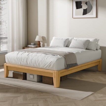 King Floor Joinery Bed Frame Holaki Solid Bamboo Wood King Size Platform Bed with 12 Wooden Slats Support & 6.89 Under Bed Storage Space Japandi Minimalist Style Bedframe for Bedroom Natural