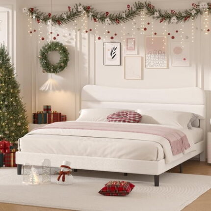 King Size Bed Frame Upholstered King Bed Frame and Headboard Teddy Soft Boucle Fabric bedframe King Size Soft Cloud Shape Upholstered Headboard No Box Spring Needed Noise Free (White