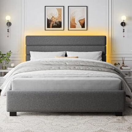 King Size Bed Frame and Headbaord Upholstered Platform Bed Frame with LED Light Modern King BedFrame with Footboard No Box Spring Needed (Dark Grey)$$Home Decor Kitchen & Other