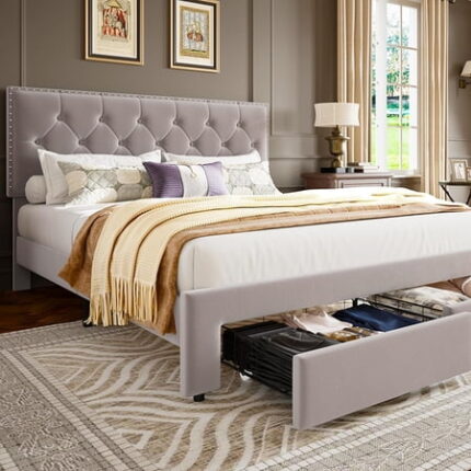 King Size Bed Frame with 2 Storage Drawers Vintage Velvet Headboard Bedframe with upholstered Platform Wooden Slat Support Noise Free No Box Spring Needed Beige