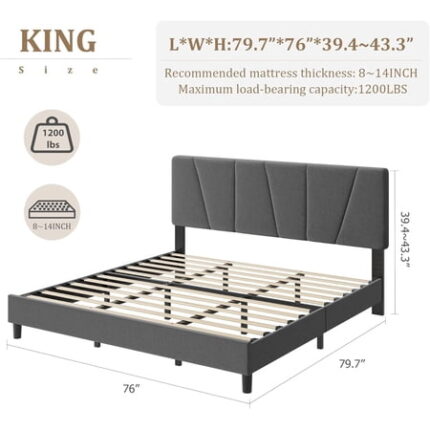 King Size Bed Frame with Adjustable Headboard Linen Upholstered King Platform Bedframe with Strong Wooden Slats Mattress Foundation No Box Spring Needed Easy Assembly