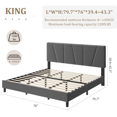 King Size Bed Frame with Adjustable Headboard Linen Upholstered King Platform Bedframe with Strong Wooden Slats Mattress Foundation No Box Spring Needed Easy Assembly King Size Bed Frame with Adjustable Headboard Linen Upholstered King Platform Bedframe with Strong Wooden Slats Mattress Foundation No Box Spring Needed Easy Assembly