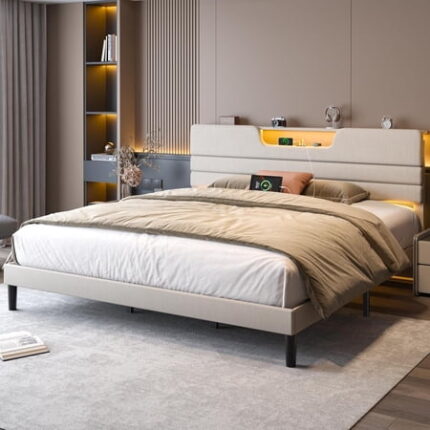 King Size Bed Frame with Charging Station and LED Light Upholstered King Bed Frame and Headboard Wood Bedframe No Box Spring Needed Easy Assembly Beige