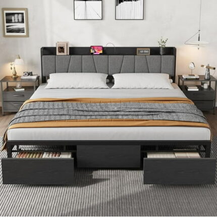 King Size Bed Frame with a Functional Storage Headboard Industrial King Platform Bed with 2 Large Drawers Plus a Charging Station Black Bedframe - No Box Spring Needed