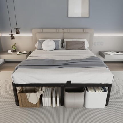 Metal Bed Frame Twin Bed Frames with Fixed Stand Bedframe with Storage Space Easy Assembly No Box Spring Needed Headboard Hole and Round Corner Legs Mattress Retainers 14 Inch Black Twin