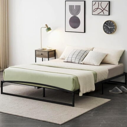 Queen Bed Frame 10 inch Black Metal Platform Low Profile Bed Frame No Box Spring Needed Low Bedframe Support Mattress Foundation with Steel Slats Base Beds Easy Assembly Noise Free-Queen Size