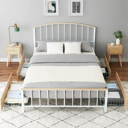 Queen Bed Frame with 4 Drawers Platform Bed Frame with Headboard Metal BedFrame with Steel Slat Support/No Box Spring Needed/Easy Assembly