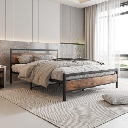 Queen Bed Frame with Headboard Metal Platform Bed Frame with Storage No Box Spring Needed Heavy Duty Steel Slats Bedframe Mattress Foundation Black & Rustic Brown