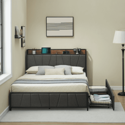 Queen Bed Frame with Storage Headboard and USB Port Rustic Linen Upholstered Platform Bedframe 2 Storage Drawers Gray