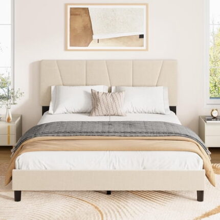 Queen Size Bed Frame with Adjustable Headboard Linen Upholstered Full Platform Bedframe with Strong Wooden Slats Mattress Foundation No Box Spring Needed Easy Assembly