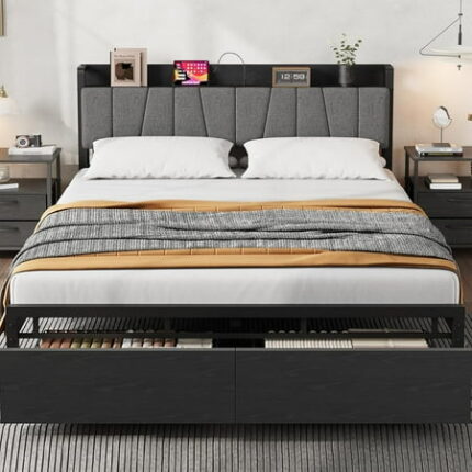 Queen Size Bed Frame with a Functional Storage Headboard Industrial Queen Platform Bed with 2 Large Drawers Plus a Charging Station Black Bedframe - No Box Spring Needed