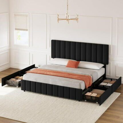 Queen Size Platform Bed Frame with Storage Drawers Linen Upholstered Bedframe with Adjustable Height Headboard & 4 Underbed Storage Wooden Slats Support No Box Spring Needed Black