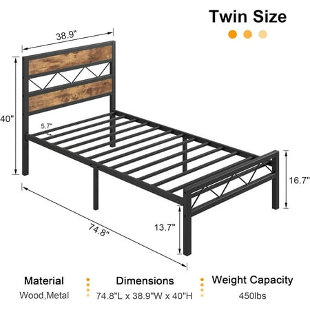 Twin Bed Frame with Headboard Metal Platform Bedframe with Heavy Duty Slats Support No Box Spring Needed Easy Assembly Rustic Brown Twin Bed Frame with Headboard Metal Platform Bedframe with Heavy Duty Slats Support No Box Spring Needed Easy Assembly Rustic Brown