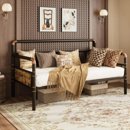 Twin Daybed with Classic Headboard Metal Twin Bed Frame Heavy Duty Steel Slats Support Sofa BedFrame for Living Room Guest RoomNoise Free No Box Spring Needed Brown